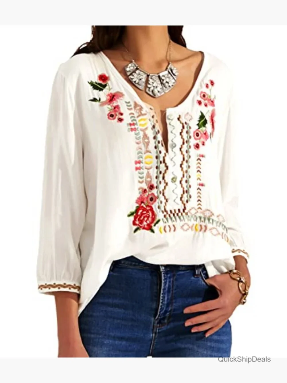 Women's Embroidered Tunic Bohemian Peasant Blouse 3/4 Sleeve Rayon - Picture 4 of 7